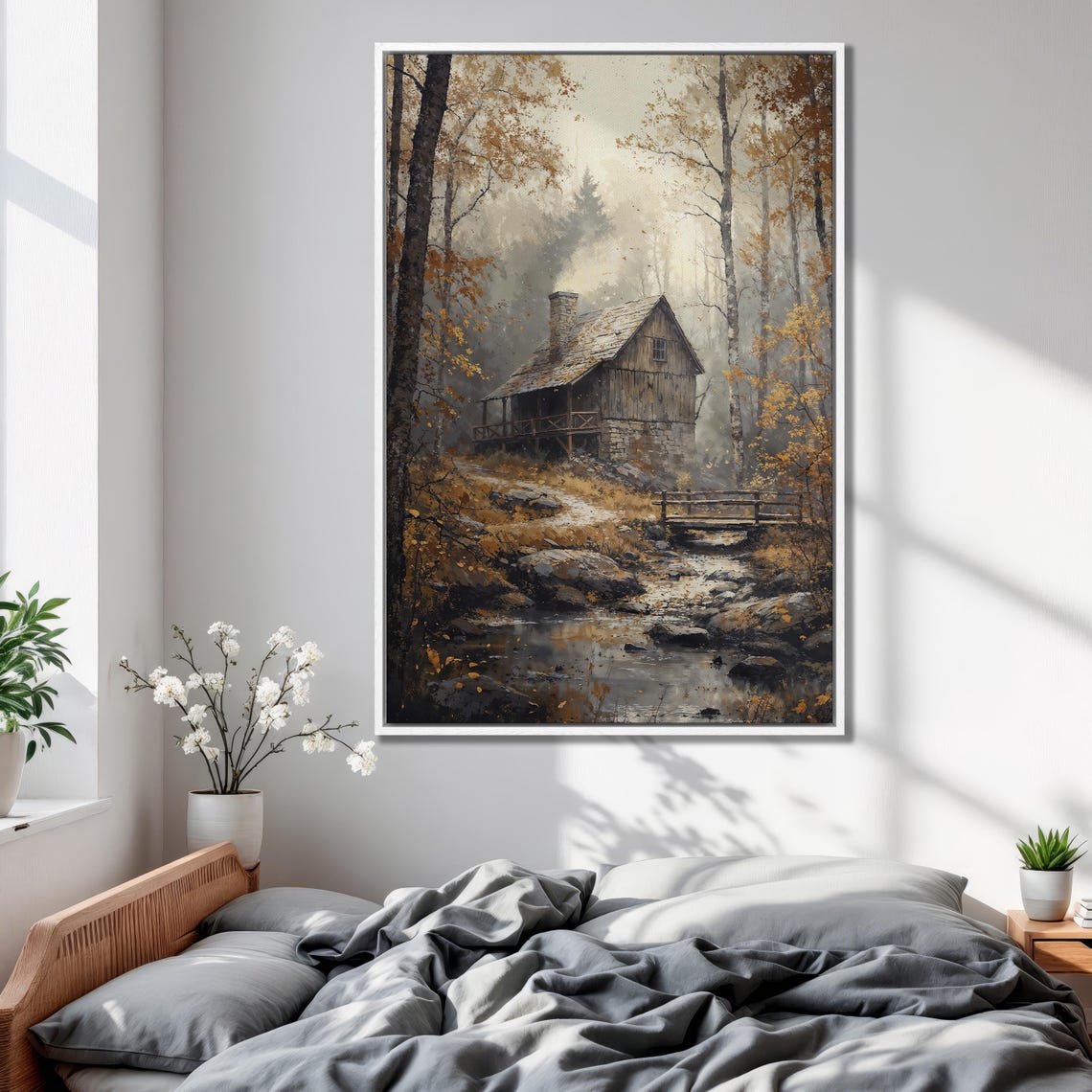 Old Wooden Cabin by Rocky Creek in Misty Autumn Forest Poster - Image 2