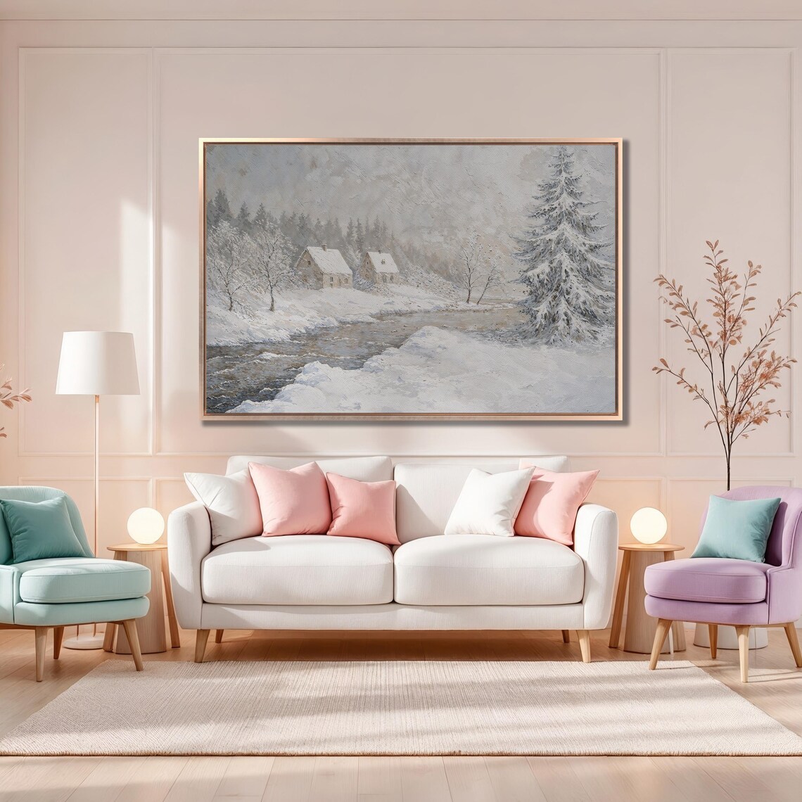 Snowy Cabins by a Frozen River in a Whiteout Winter Scene Poster - Image 4
