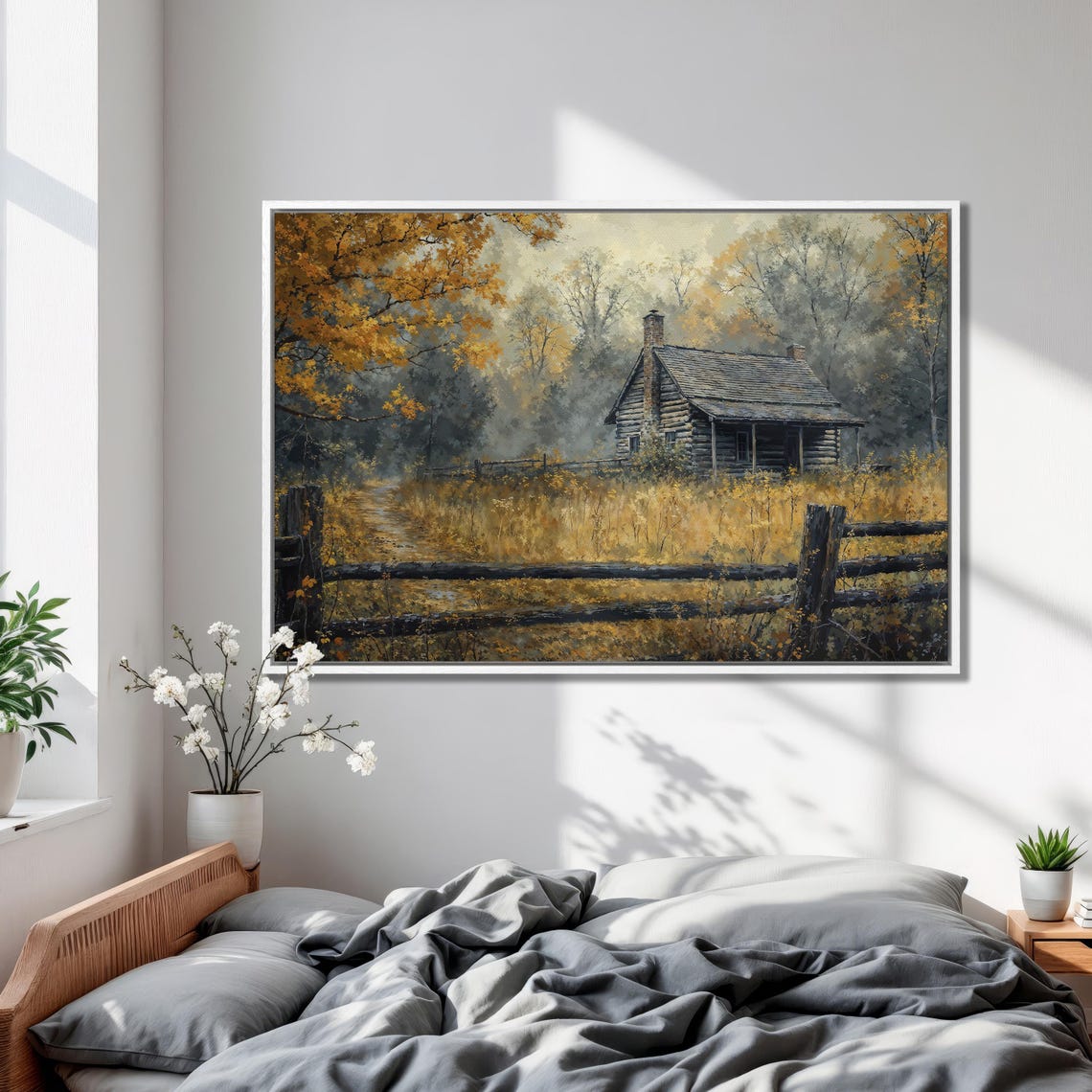 Log Cabin in Golden Autumn Forest with Split Rail Fence Poster - Image 2