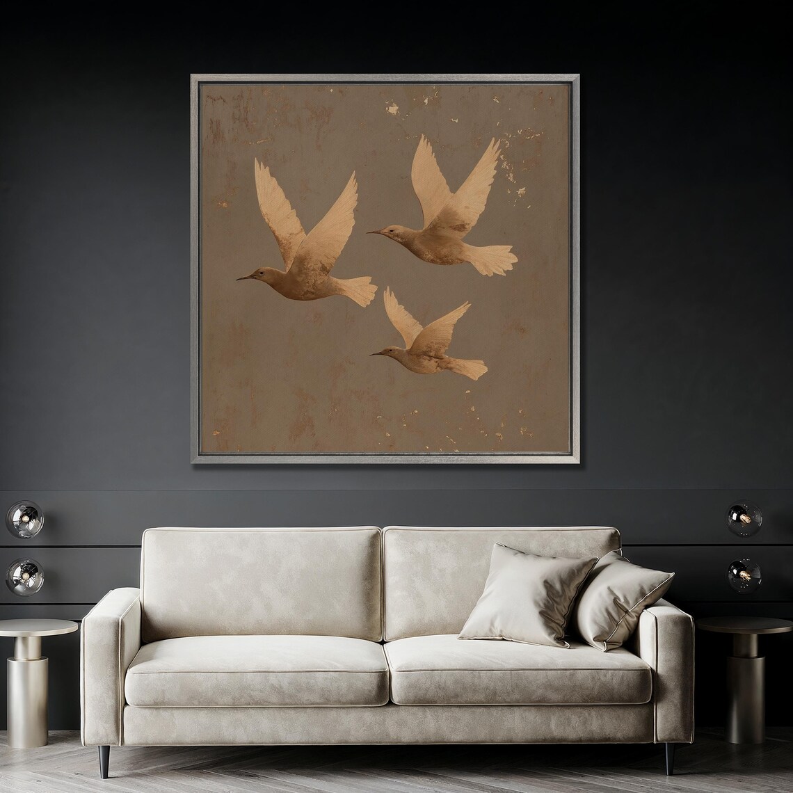 Three Flying Birds in Sepia Gold Minimalist Nature Art Poster - Image 3
