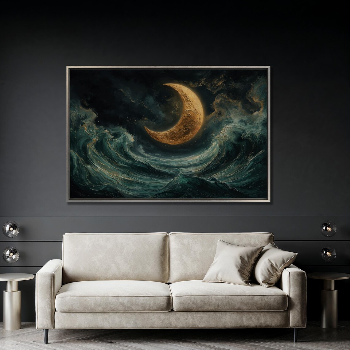 Golden Crescent Moon Over Rolling Ocean Waves At Night Poster - Image 4