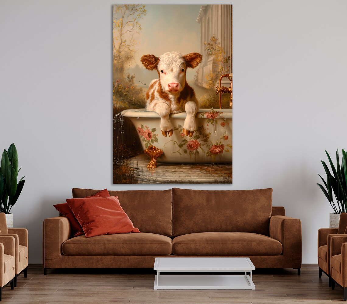 Whimsical Calf In A Floral Bathtub Vintage Style Art Print - Image 3