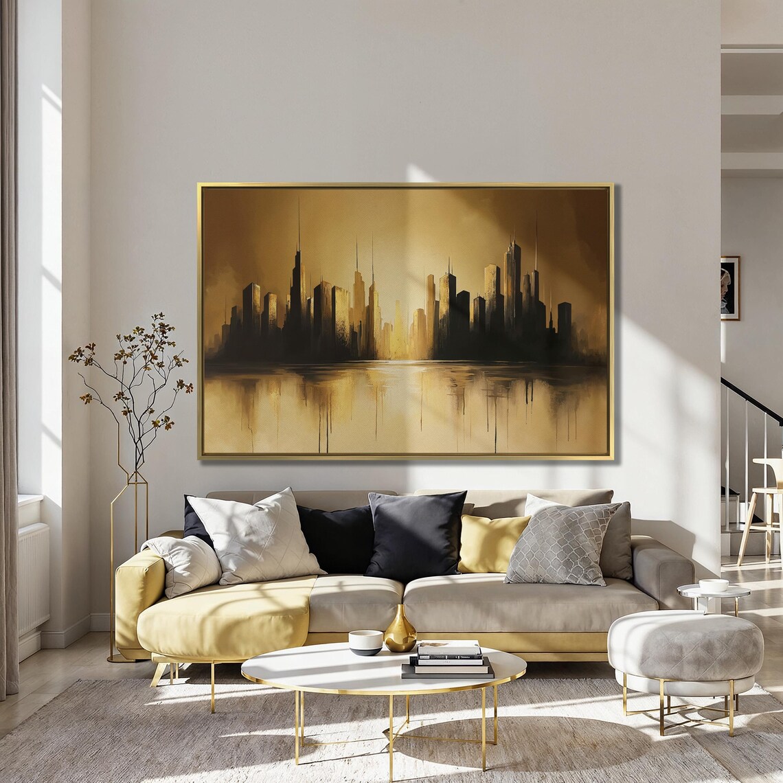 Golden And Black Cityscape Skyline Reflection Abstract Poster - Image 4