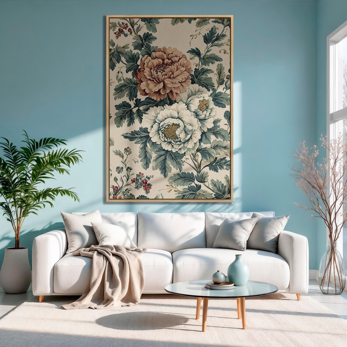 Dusty Rose Peonies With Cream Blooms Morris Style Floral Print - Image 3