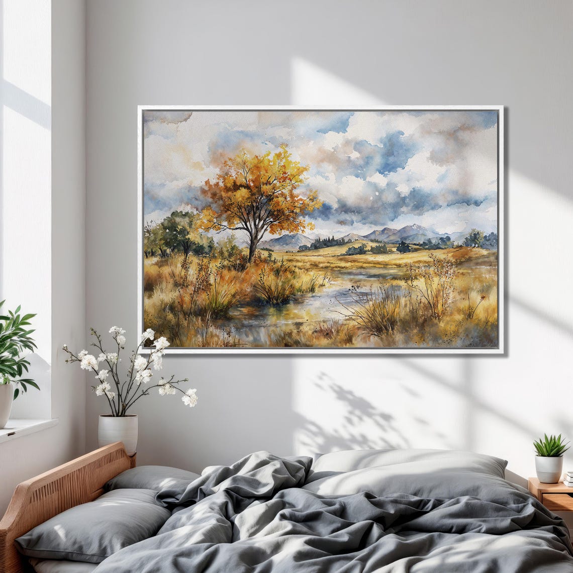 Golden Autumn Tree by a Stream Watercolor Mountain Landscape Poster - Image 2