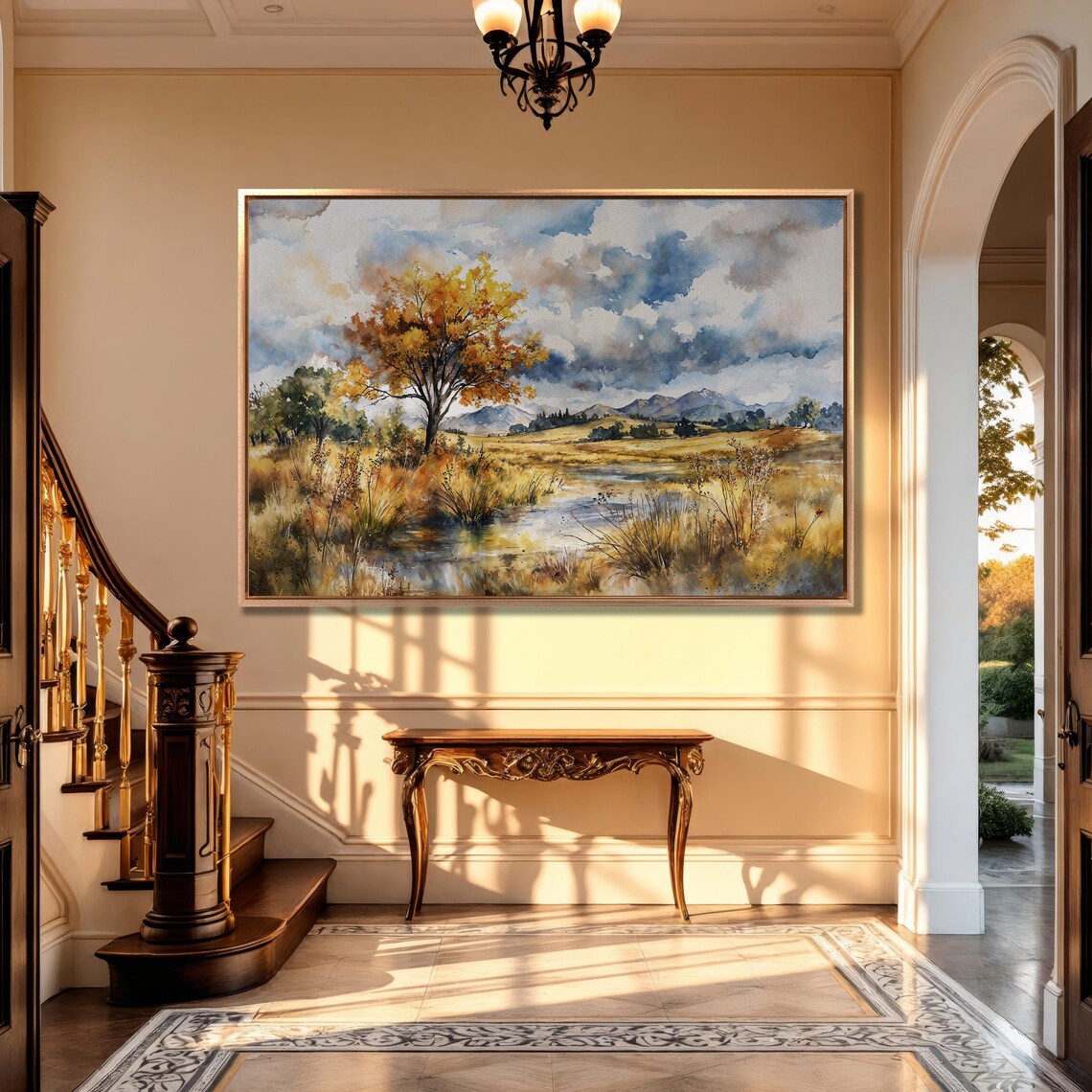 Golden Autumn Tree by a Stream Watercolor Mountain Landscape Poster - Image 5