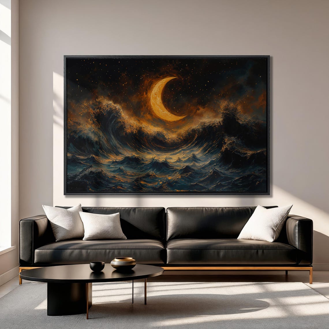 Golden Crescent Moon Over A Stormy Night Sea Abstract Poster - Image 2