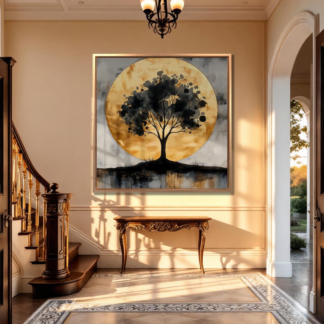 Abstract Tree Silhouette Wall Art Golden Moon Painting Print Modern Landscape Wall Decor Nature Inspired Poster Ready To Hang Gift - Image 4
