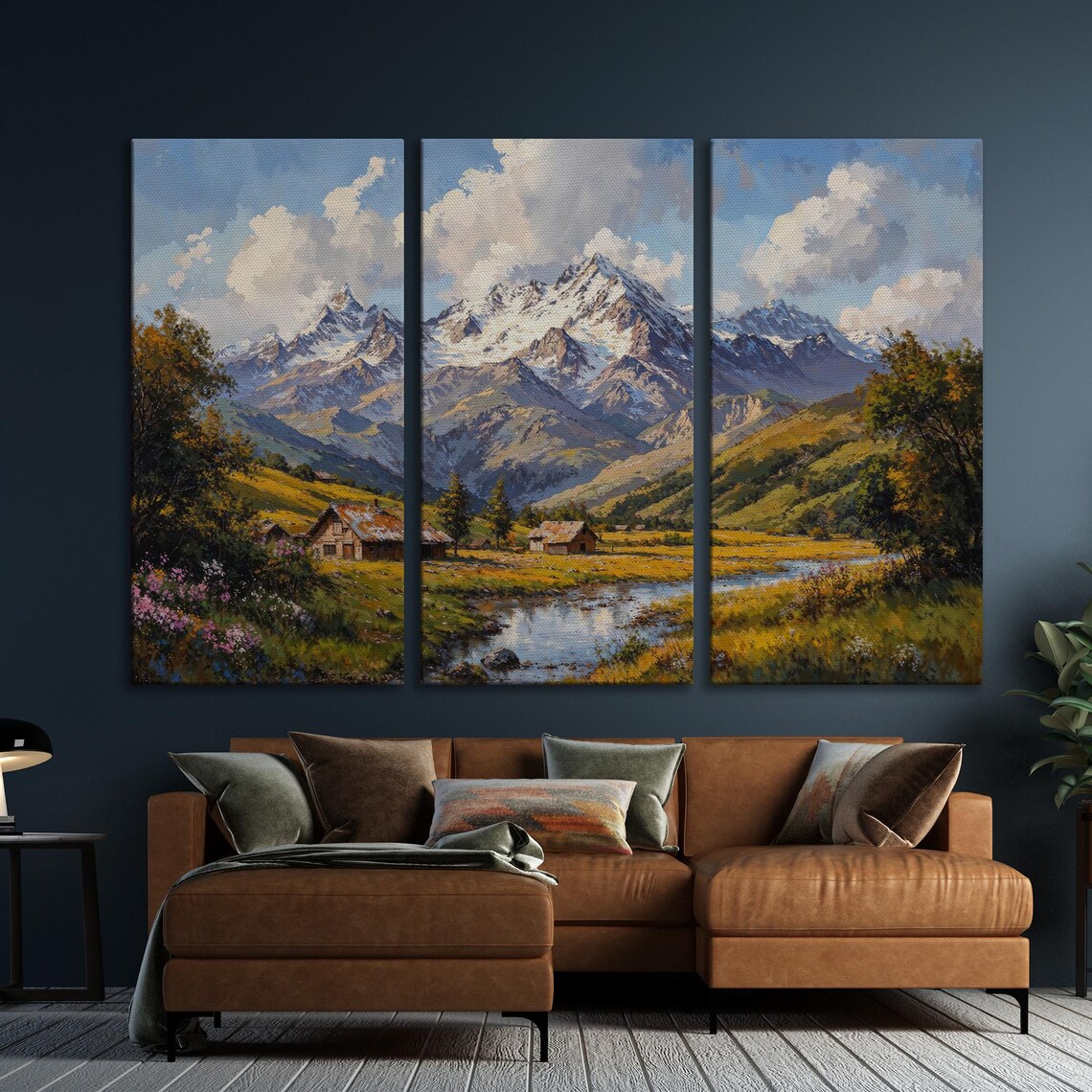 Alpine Cabins by a Creek Below Snow Capped Mountain Peaks Poster - Image 6