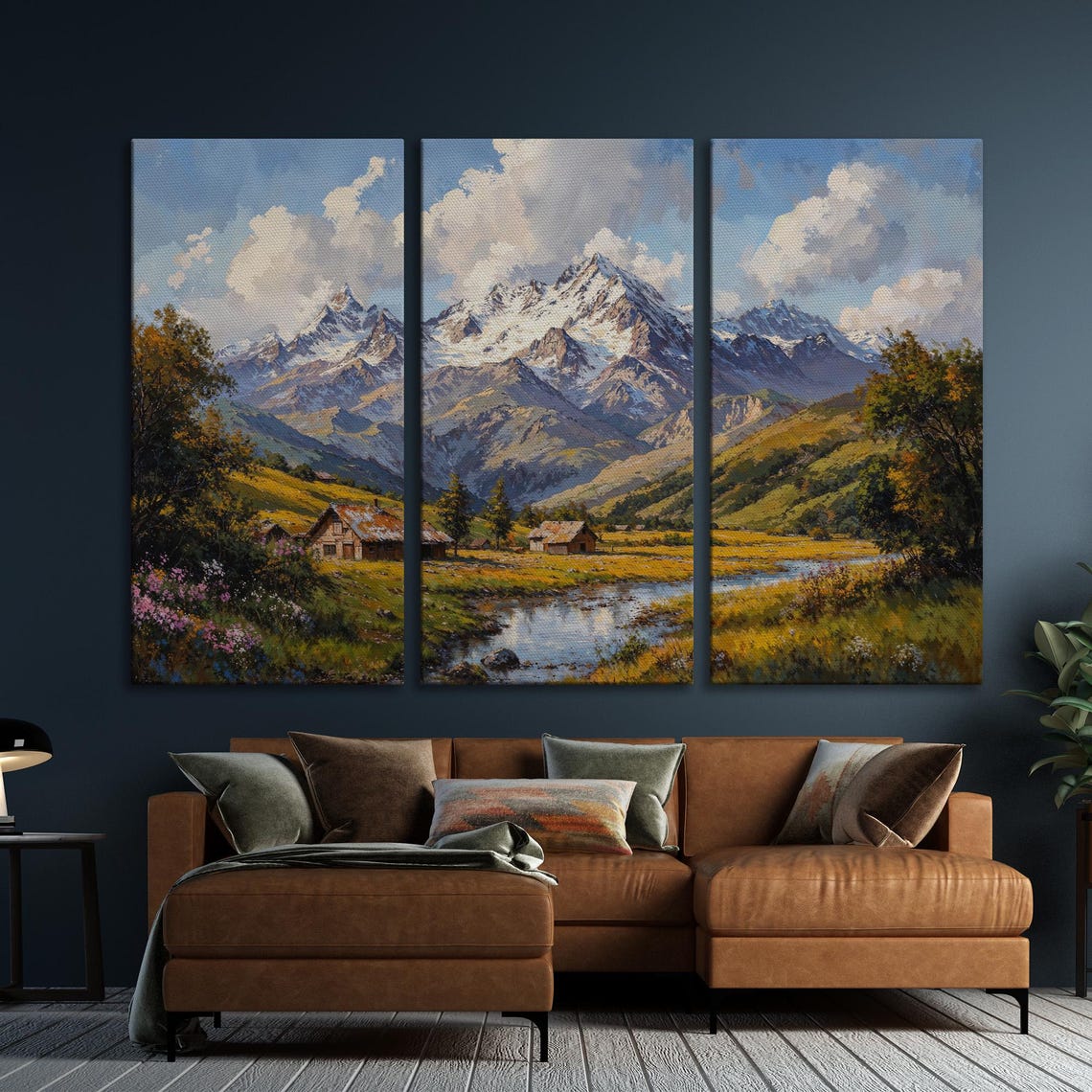 Mountain Landscape Extra Large Framed Print Vibrant Nature Scene With Cabins By The Creek Wall Art Beautiful Decor Ready To Hang - Image 6