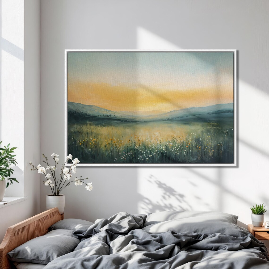 Golden Sunset Over a Wildflower Valley with Mountains Poster - Image 2