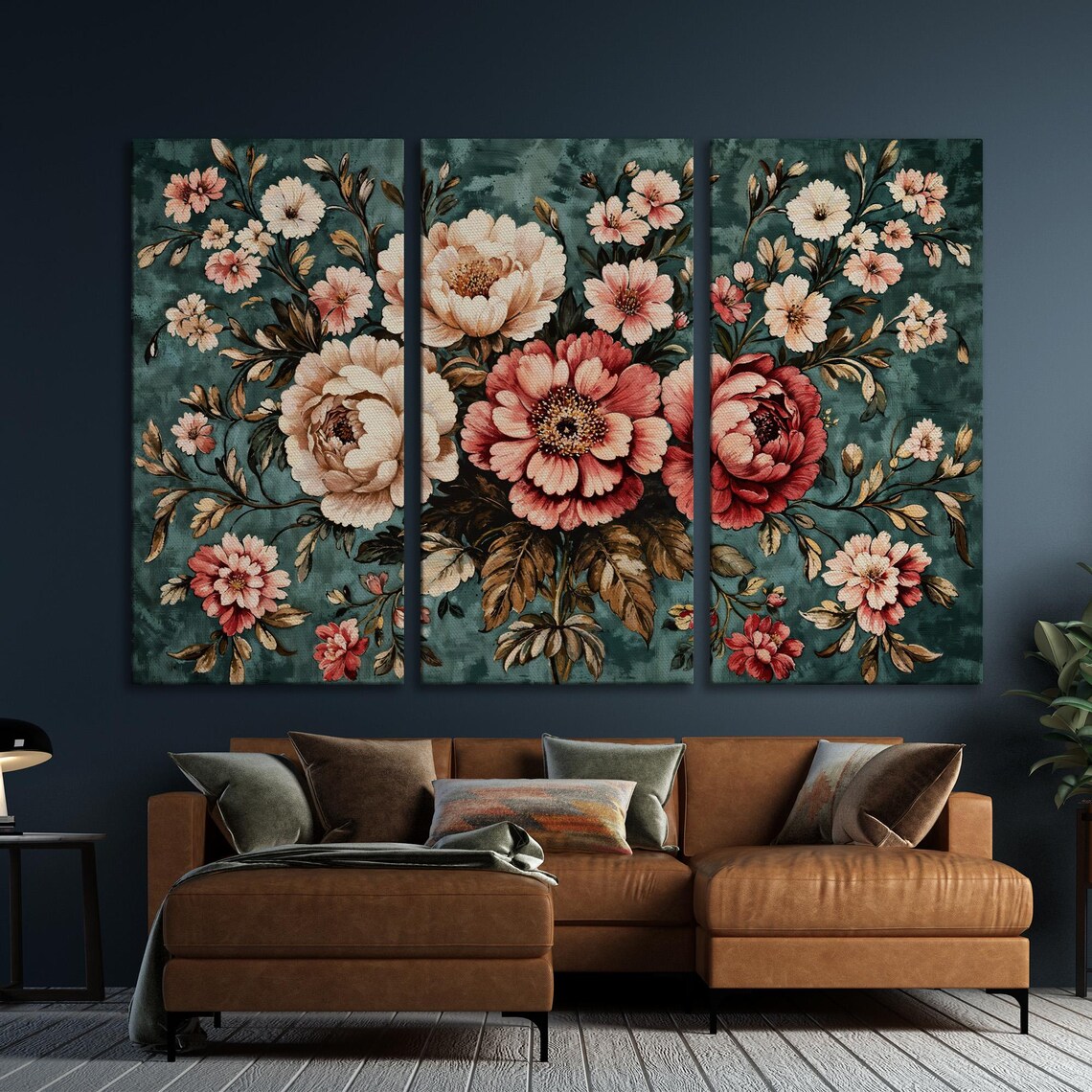 Pink Peony Bouquet on Teal Ground Vintage Floral Painting Poster - Image 6