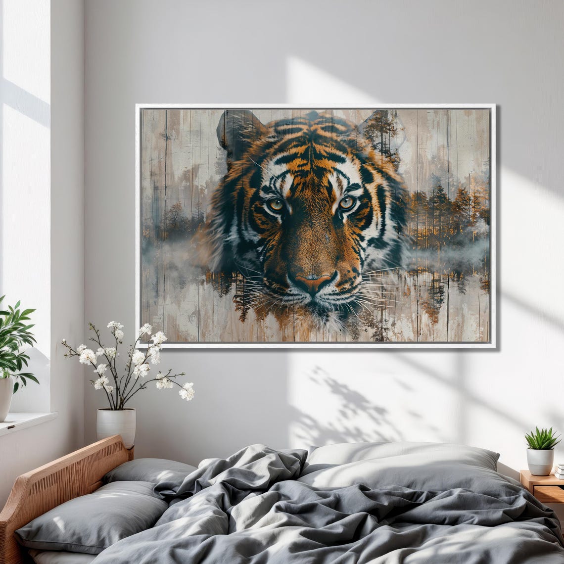 Majestic Tiger Face Double Exposure Watercolor Forest Painting Poster - Image 3
