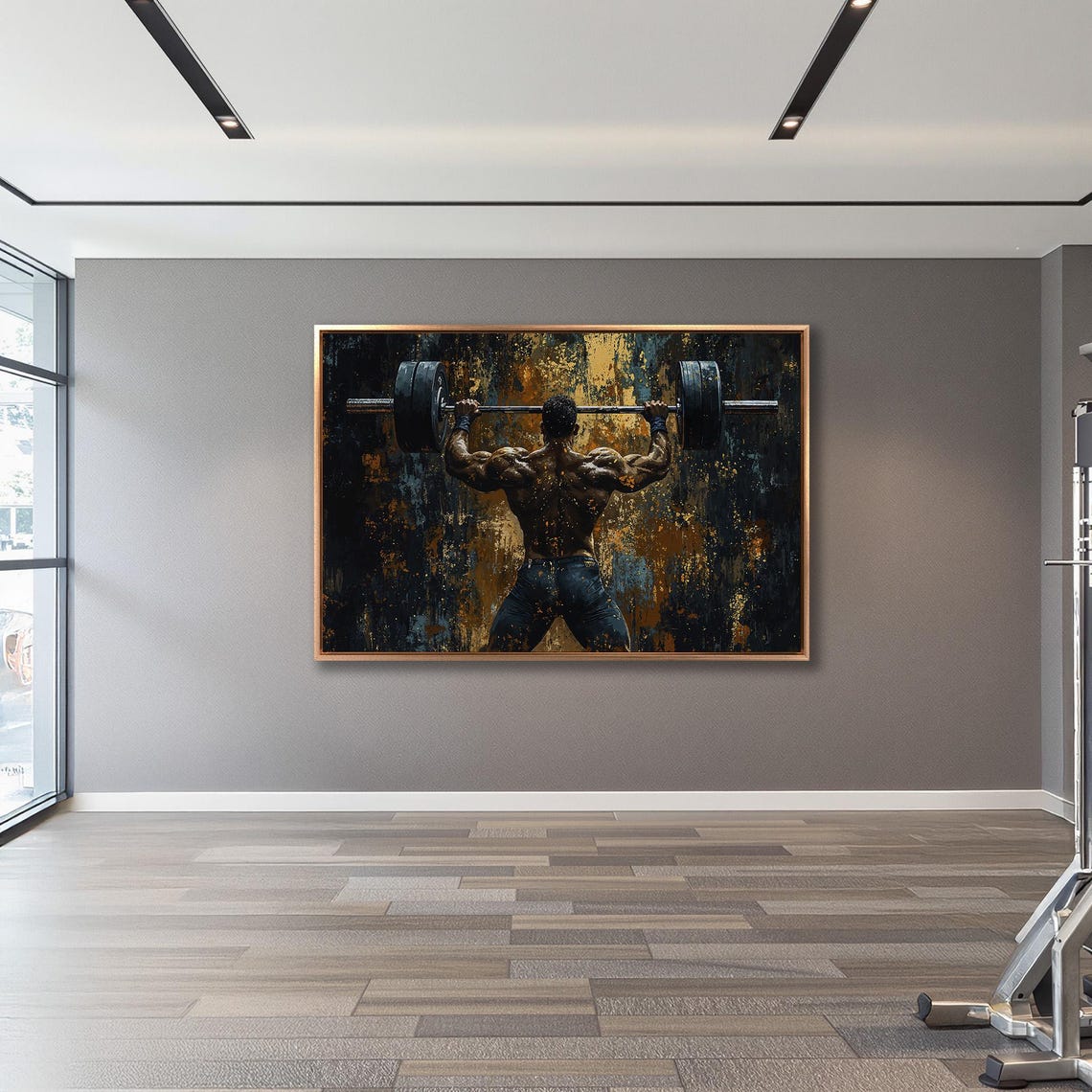Weightlifter Back View Barbell Press in Teal Gold Brushwork Poster - Image 3