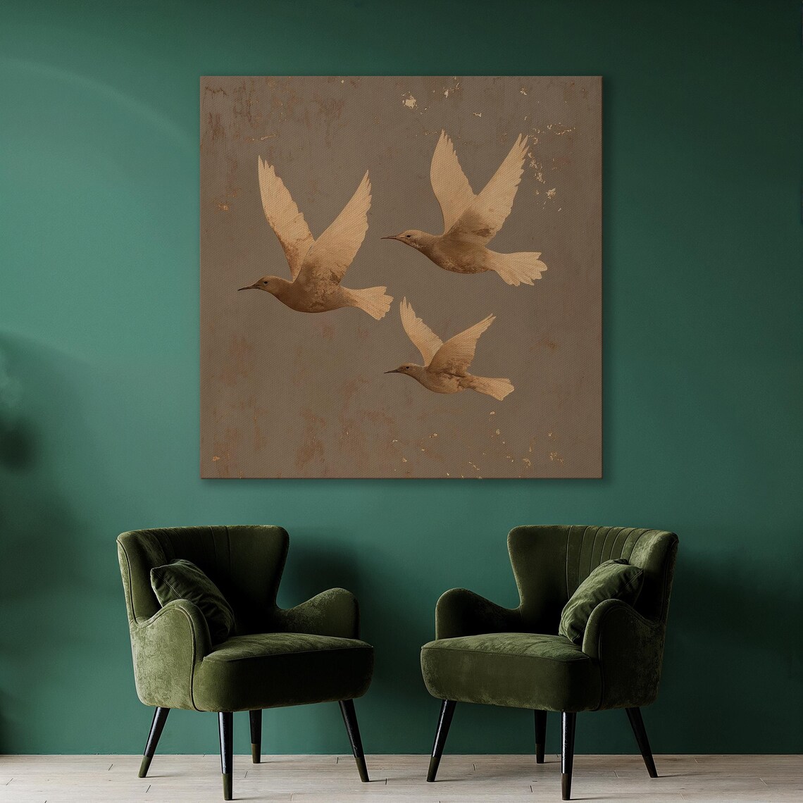 Three Flying Birds in Sepia Gold Minimalist Nature Art Poster - Image 2
