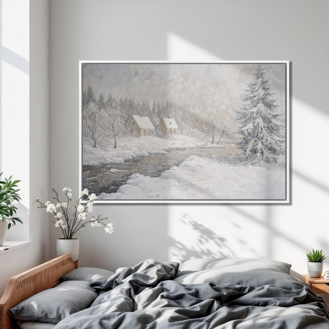 Snowy Cabins by a Frozen River in a Whiteout Winter Scene Poster - Image 2