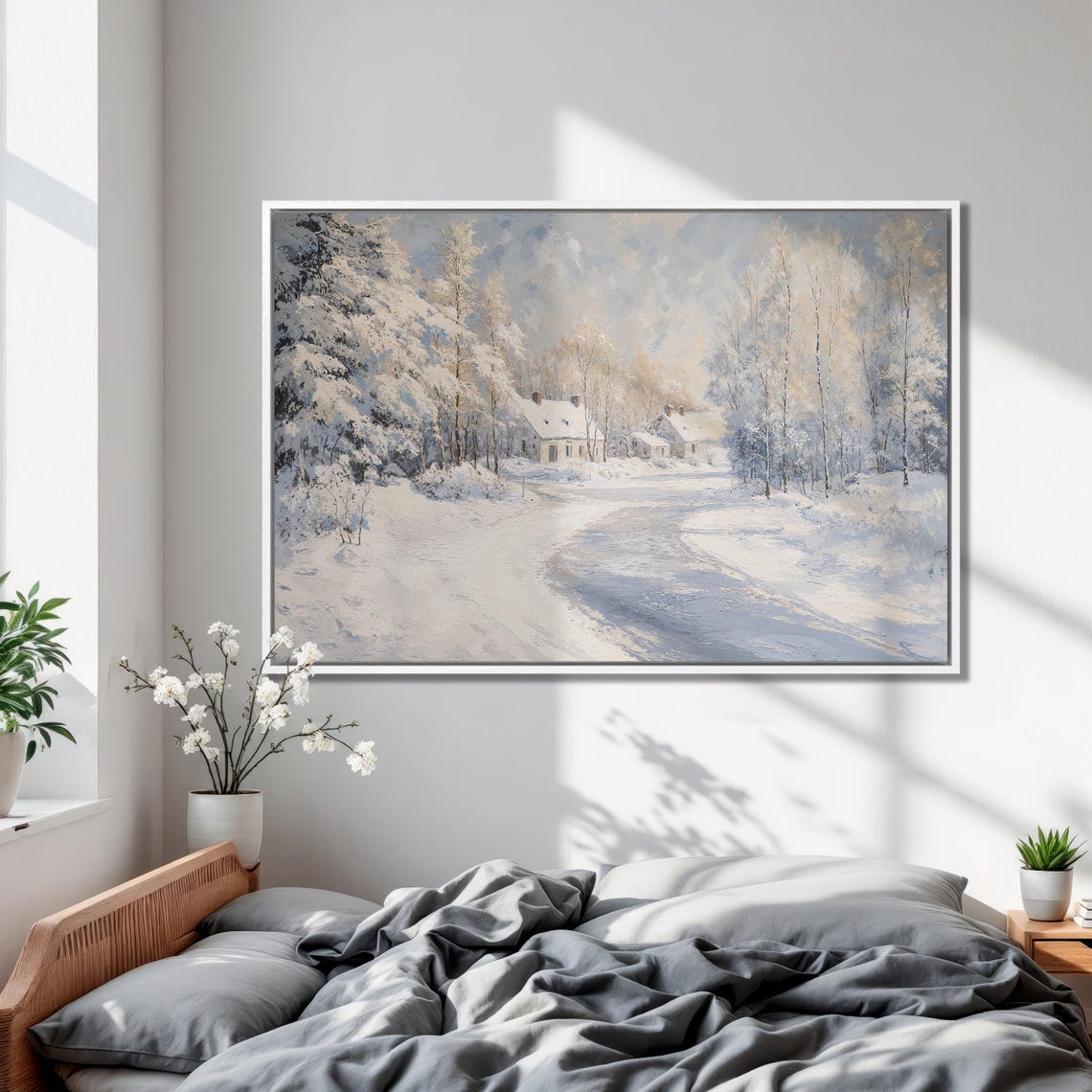 Snowy Village Cabins Beside a Frozen Winter Road Scenic Poster - Image 2