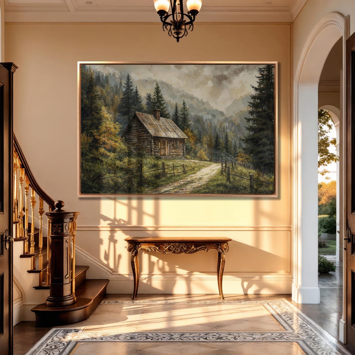 Rustic Log Cabin in Misty Pine Forest Mountain Painting Poster - Image 5