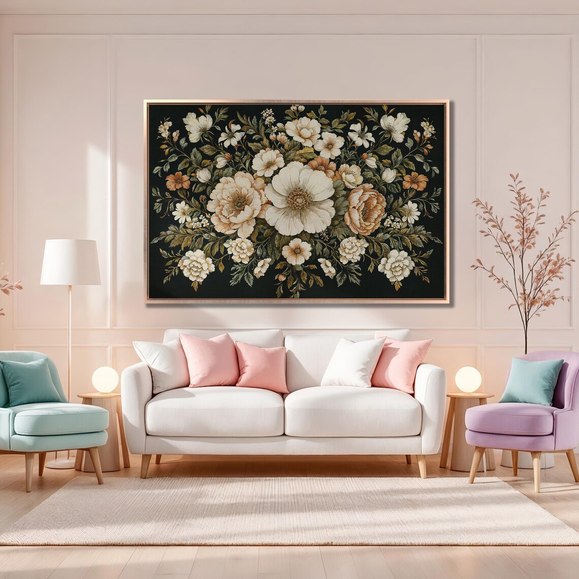 Vintage Cream Peony Bouquet on Black Baroque Floral Art Poster - Image 4