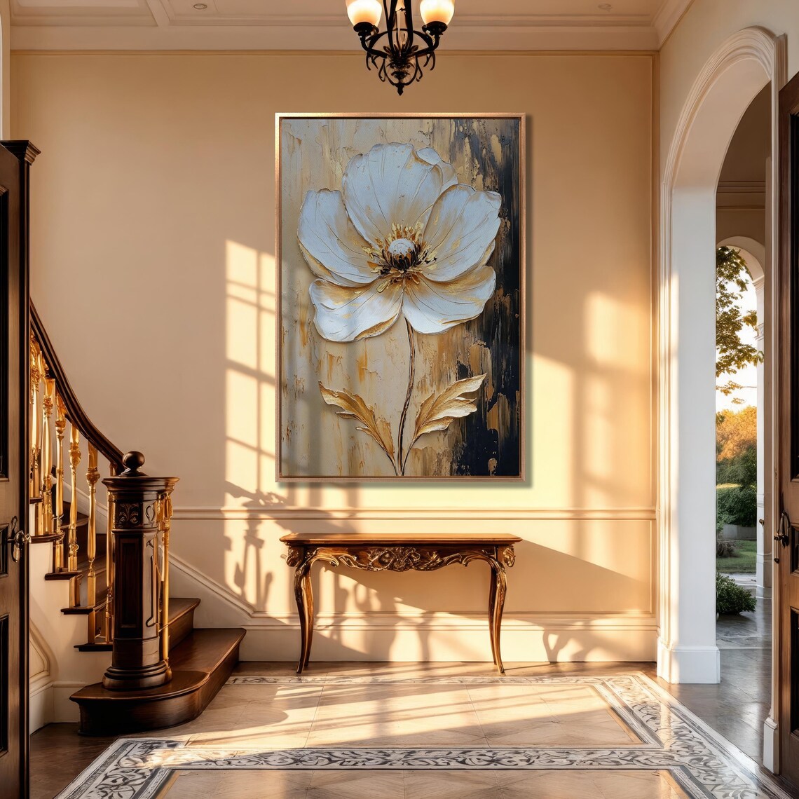 Gold And White Floral Wall Art Abstract Flower Painting Print Luxury Wall Decor Botanical Poster Modern Artwork Ready To Hang Gift - Image 4