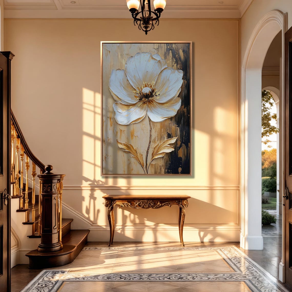 Large White And Gold Textured Floral Bloom Impasto Painting Poster - Image 4