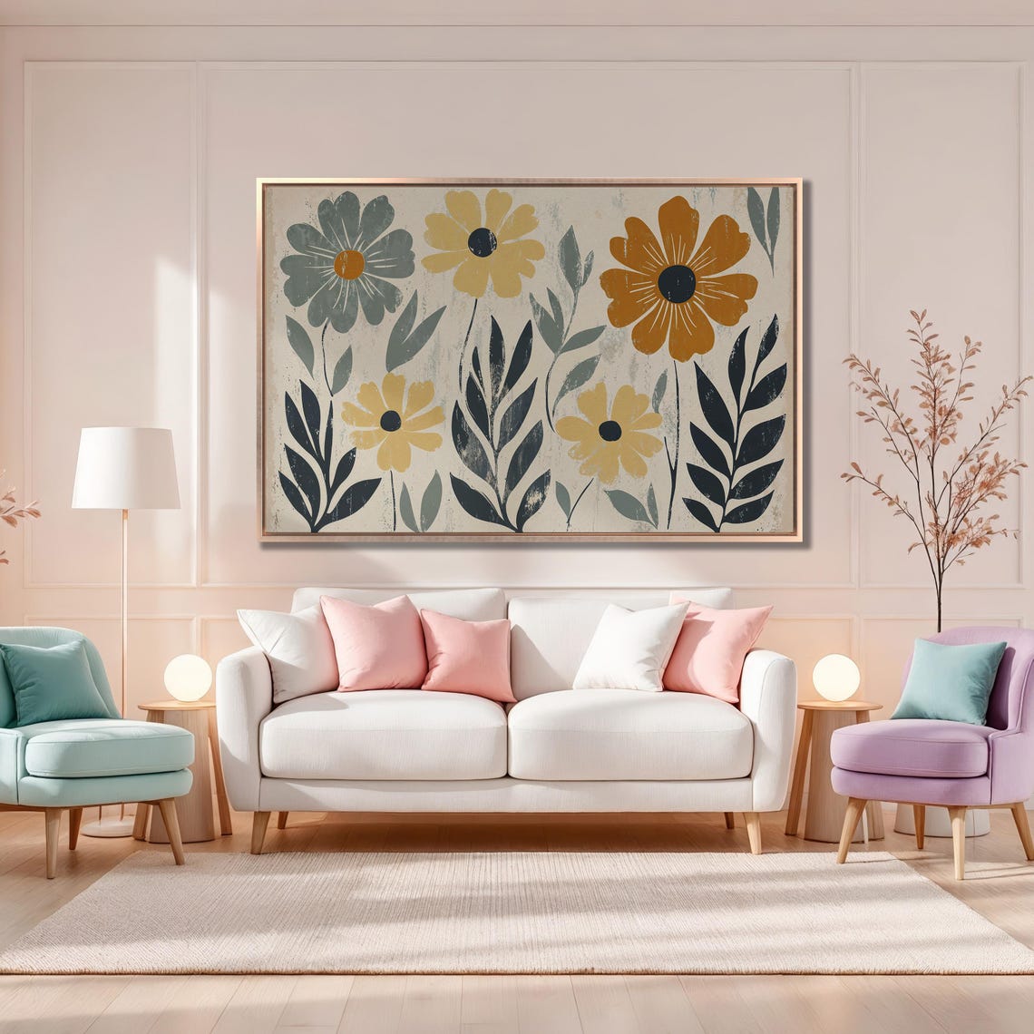 Mid Century Modern Boho Floral Pattern with Mustard Blooms Poster - Image 4