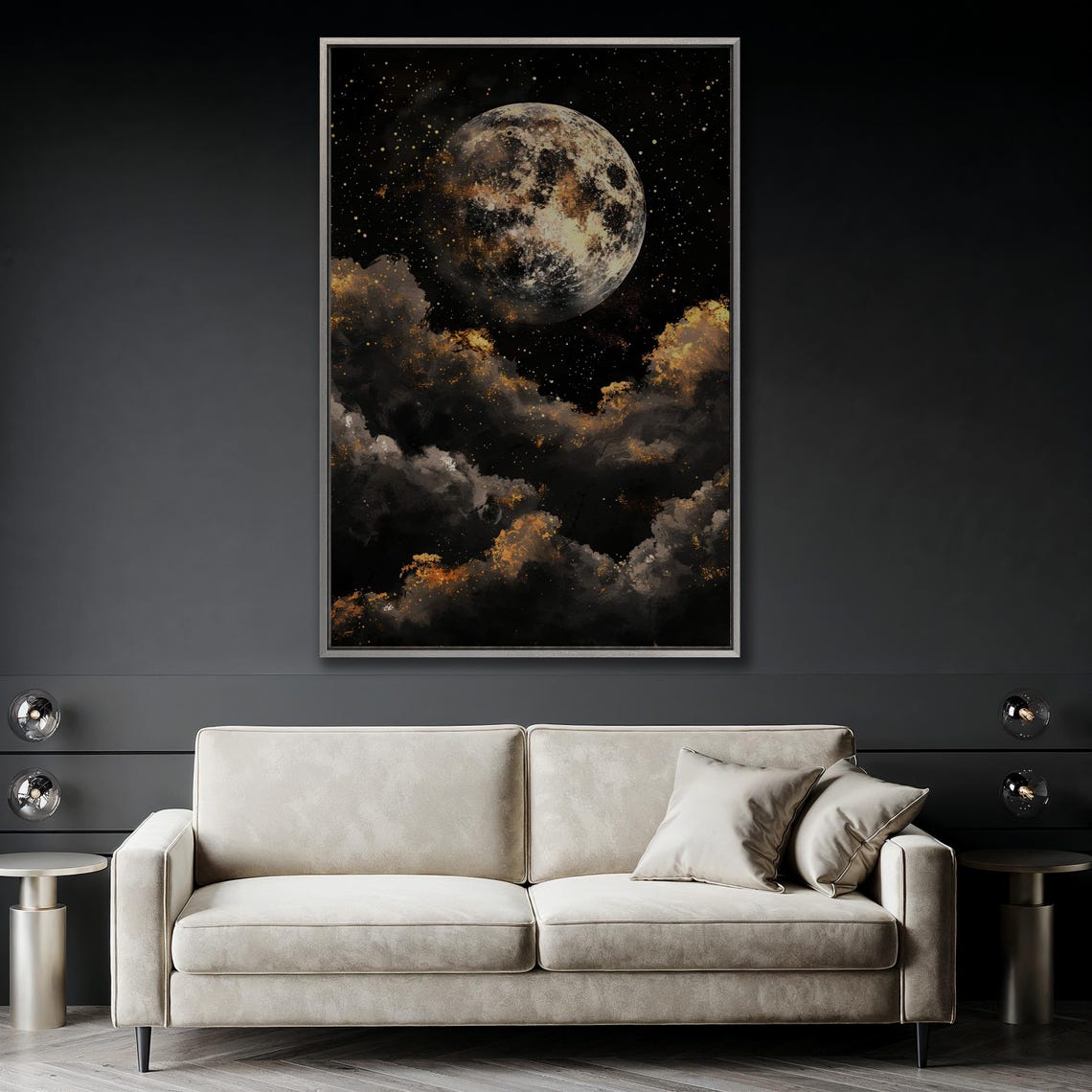 Full Moon Rising Over Golden Clouds Starry Night Sky Artwork Poster - Image 5
