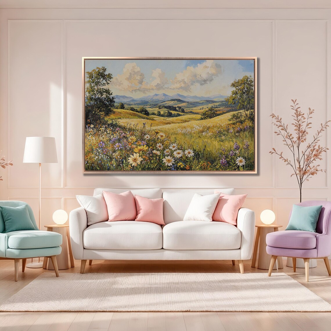 Summer Wildflower Meadow with Golden Hills Painting Art Poster - Image 4