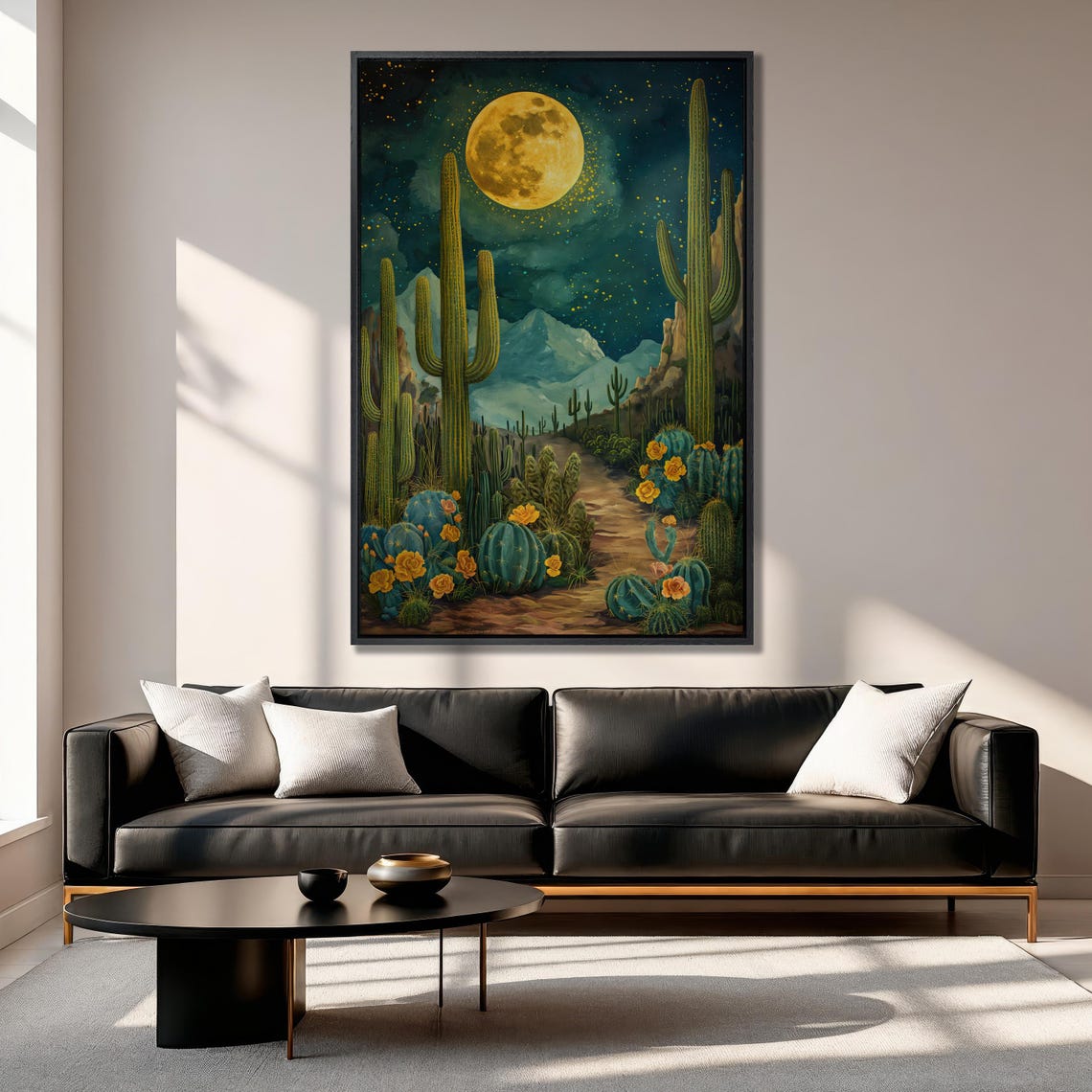 Enchanting Saguaro Cactus Desert Path Under a Full Moon Night Poster - Image 3