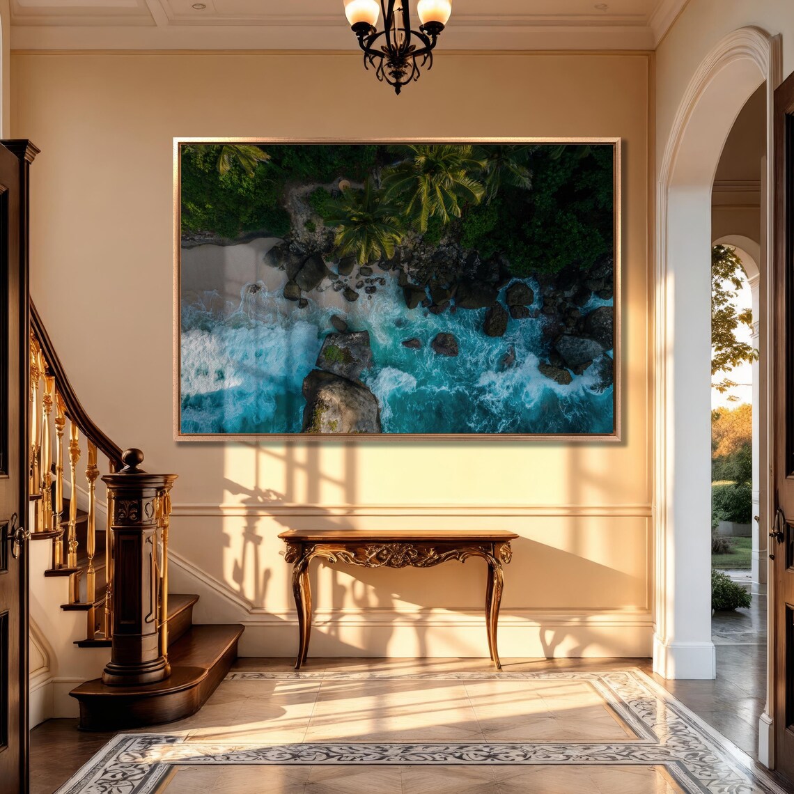 Aerial Drone View Of Rocky Beach Palms And Turquoise Waves Poster - Image 2