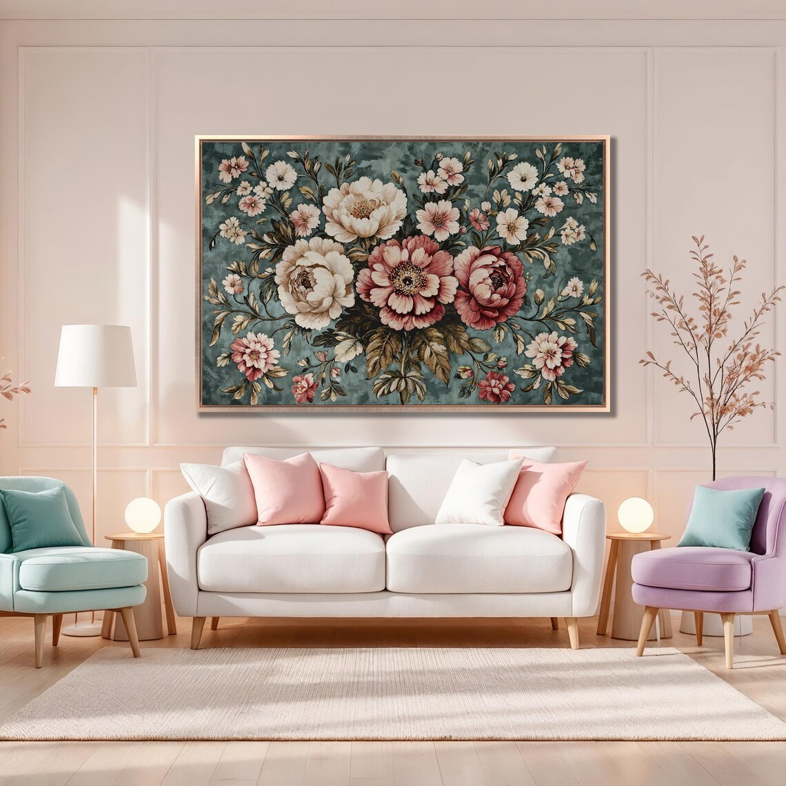Pink Peony Bouquet on Teal Ground Vintage Floral Painting Poster - Image 4