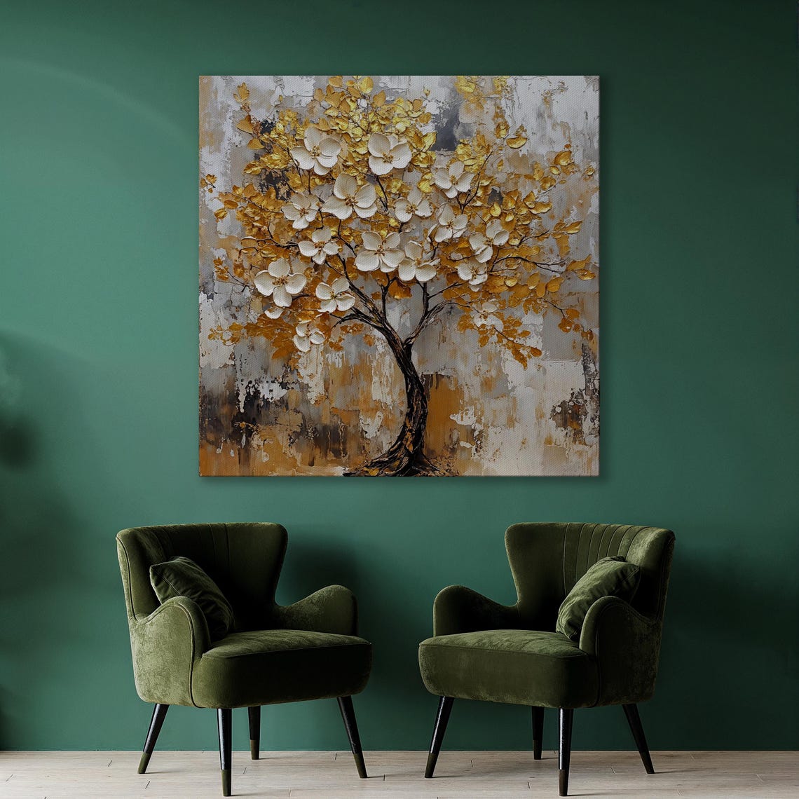 White Blossom Tree With Gold Impasto Leaves Abstract Art Poster - Image 2