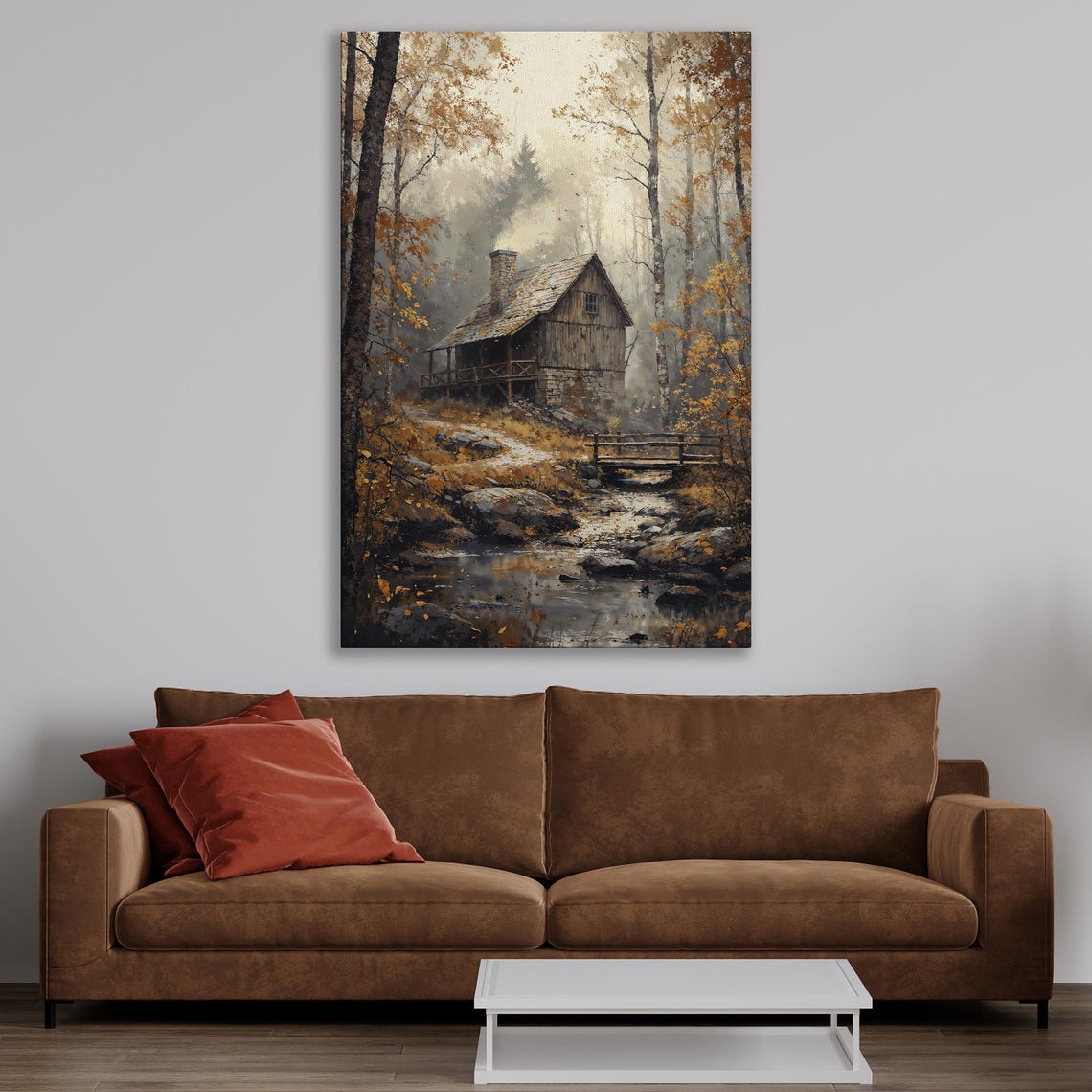 Old Wooden Cabin by Rocky Creek in Misty Autumn Forest Poster - Image 4