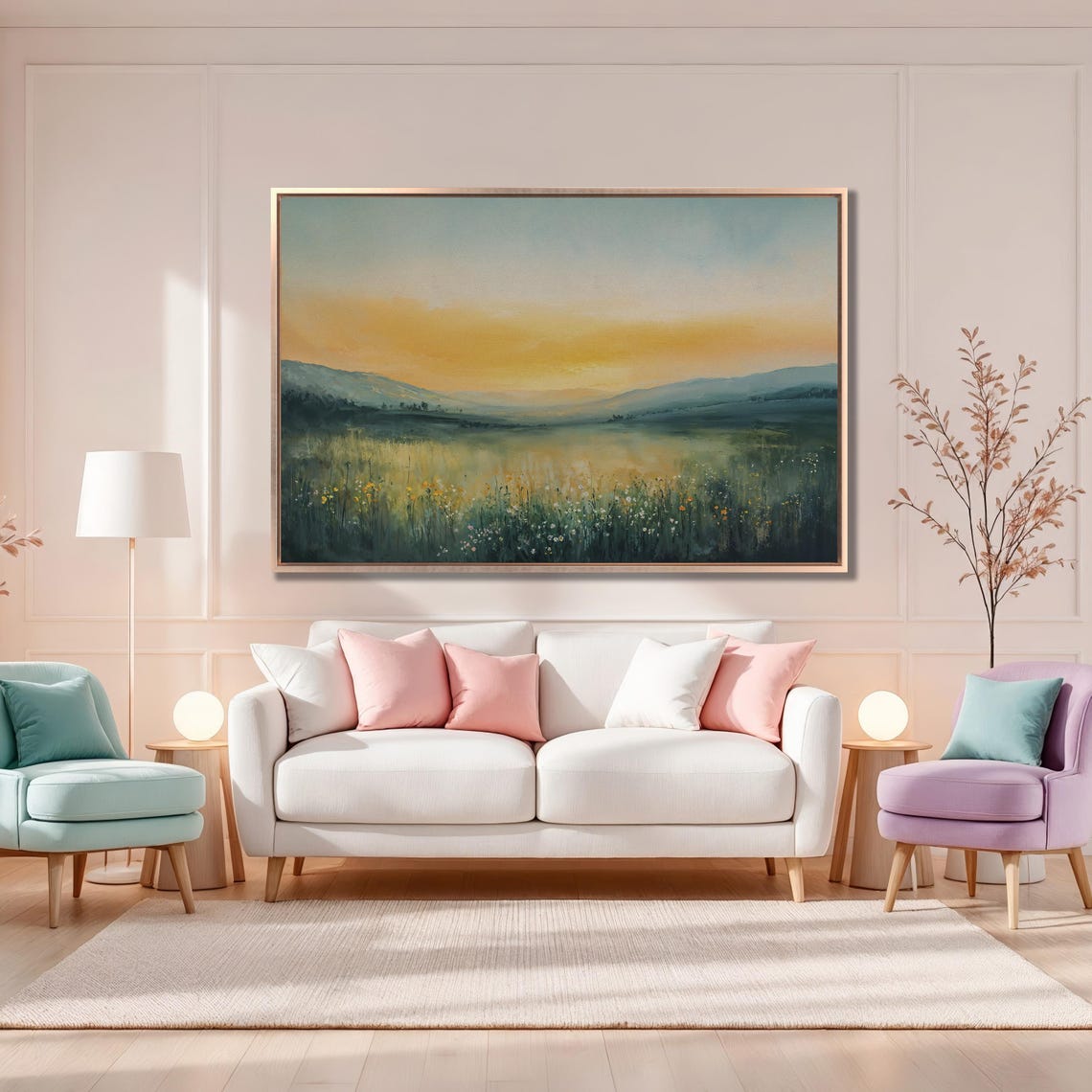 Golden Sunset Over a Wildflower Valley with Mountains Poster - Image 4