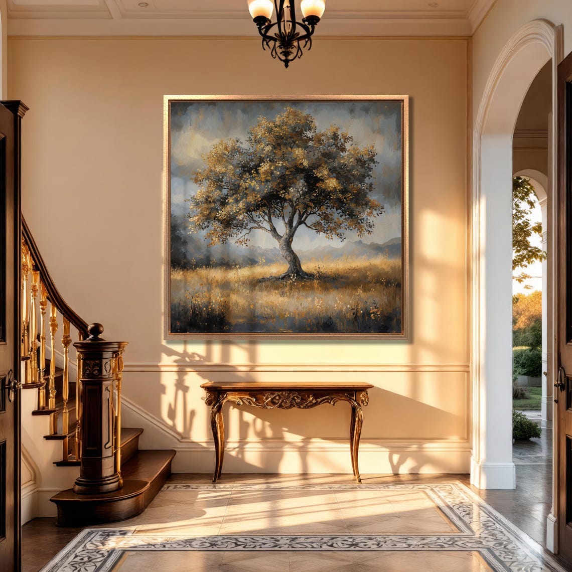 Lone Golden Tree in a Meadow Impressionist Landscape Painting Wall Art - Image 4