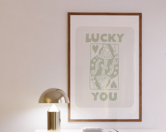 Lucky You Queen of Hearts Sage Green Retro Playing Card Style Poster