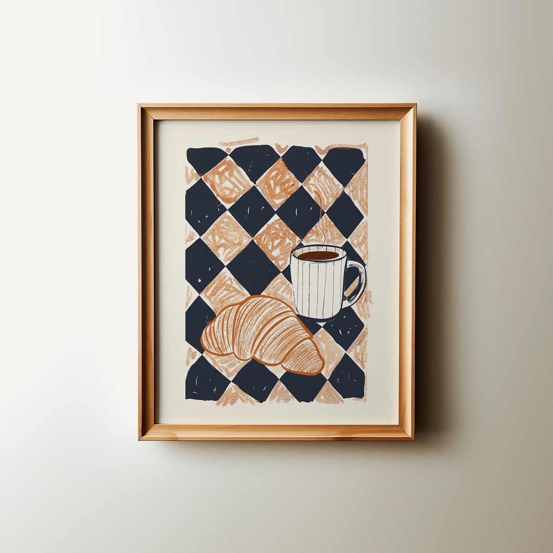 Retro Croissant and Coffee Cup on Checkered Kitchen Art Poster