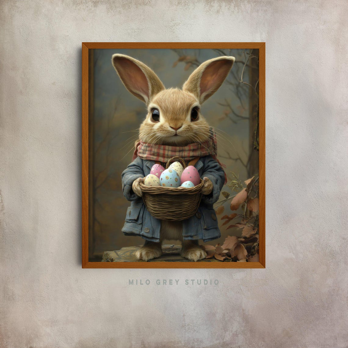 Bunny In Blue Coat And Plaid Scarf Holding Easter Eggs Poster
