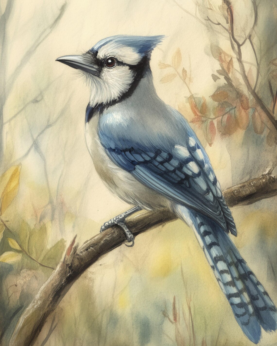 Blue Jay Perched On A Branch Vivid Watercolor Bird Artwork Poster - Image 3