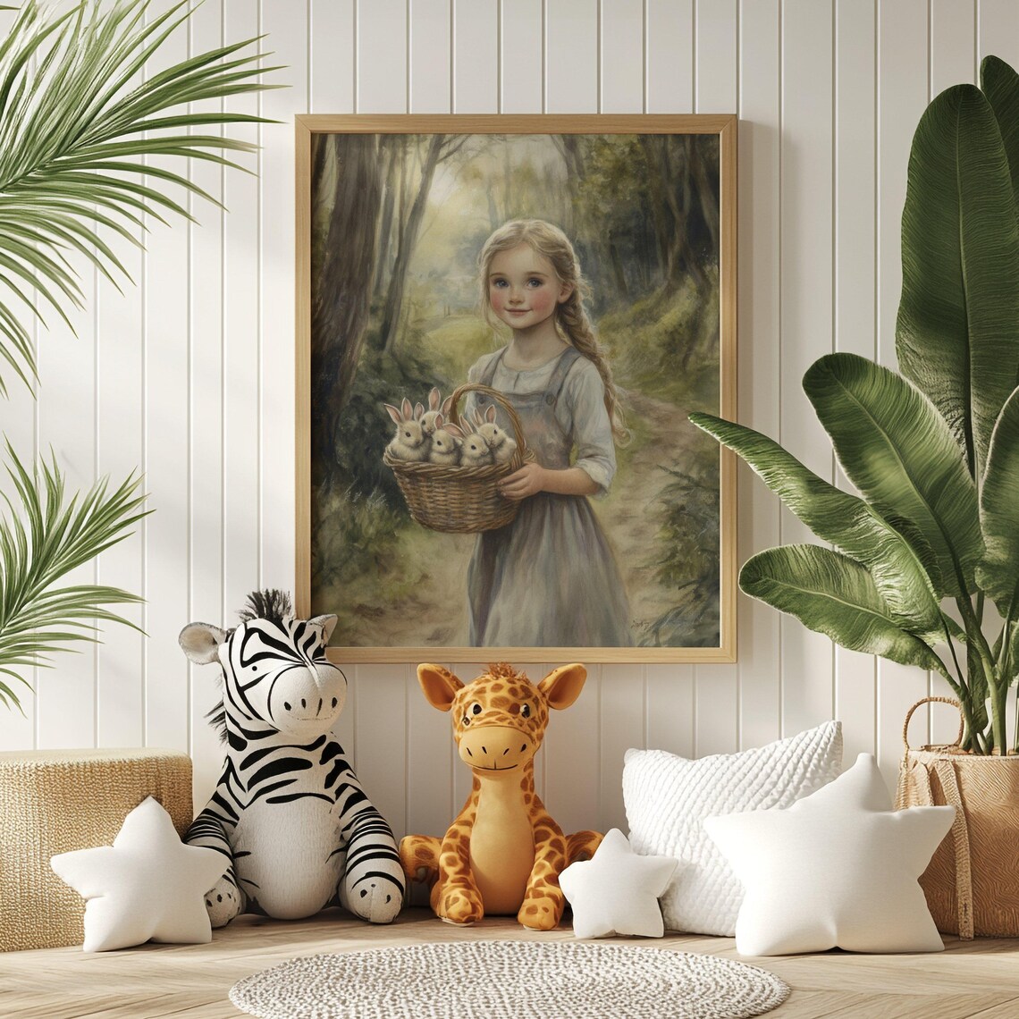 Little Girl Holding Basket Of Baby Bunnies In The Forest Poster - Image 2
