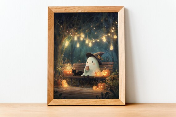 Whimsical With Coffee And Black Cat Halloween Pumpkin Wall Art Cozy Autumn Cute Witch Hat