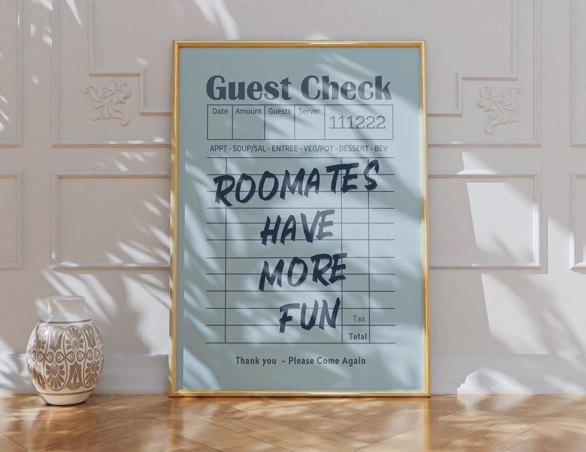 Roomates Have More Fun Blue Retro Guest Check Funny Quote Poster - Image 2