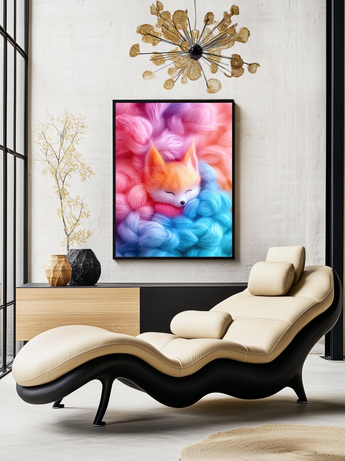 Sleeping Baby Fox Curled Up in Soft Rainbow Yarn Clouds Poster - Image 3