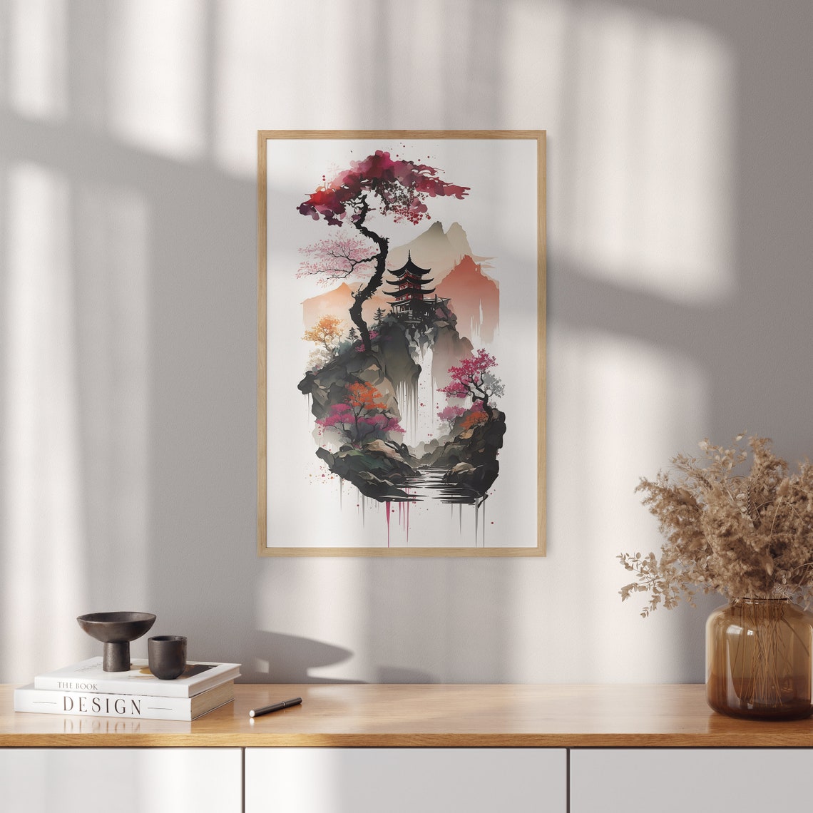 Japanese Watercolor Pagoda With Red Ink Tree Landscape Wall Art - Image 4
