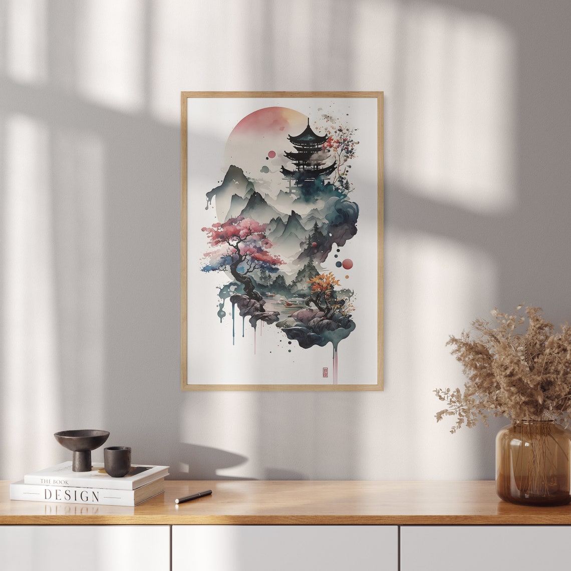 Japanese Watercolor Pagoda Red Sun Mountain Landscape Wall Art - Image 4