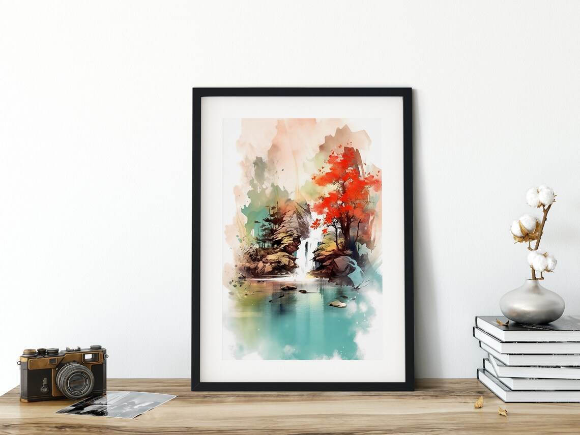 Japanese Waterfall Landscape Art Print, Oriental Style - Image 5