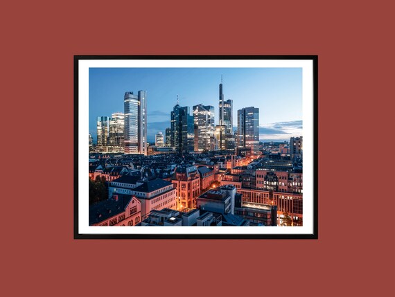 Frankfurt Germany Skyline At Dusk Financial District Lights Poster