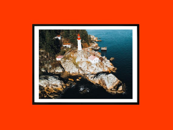 Coastal Lighthouse Aerial Photograph Rocky Shore Maritime Art Print