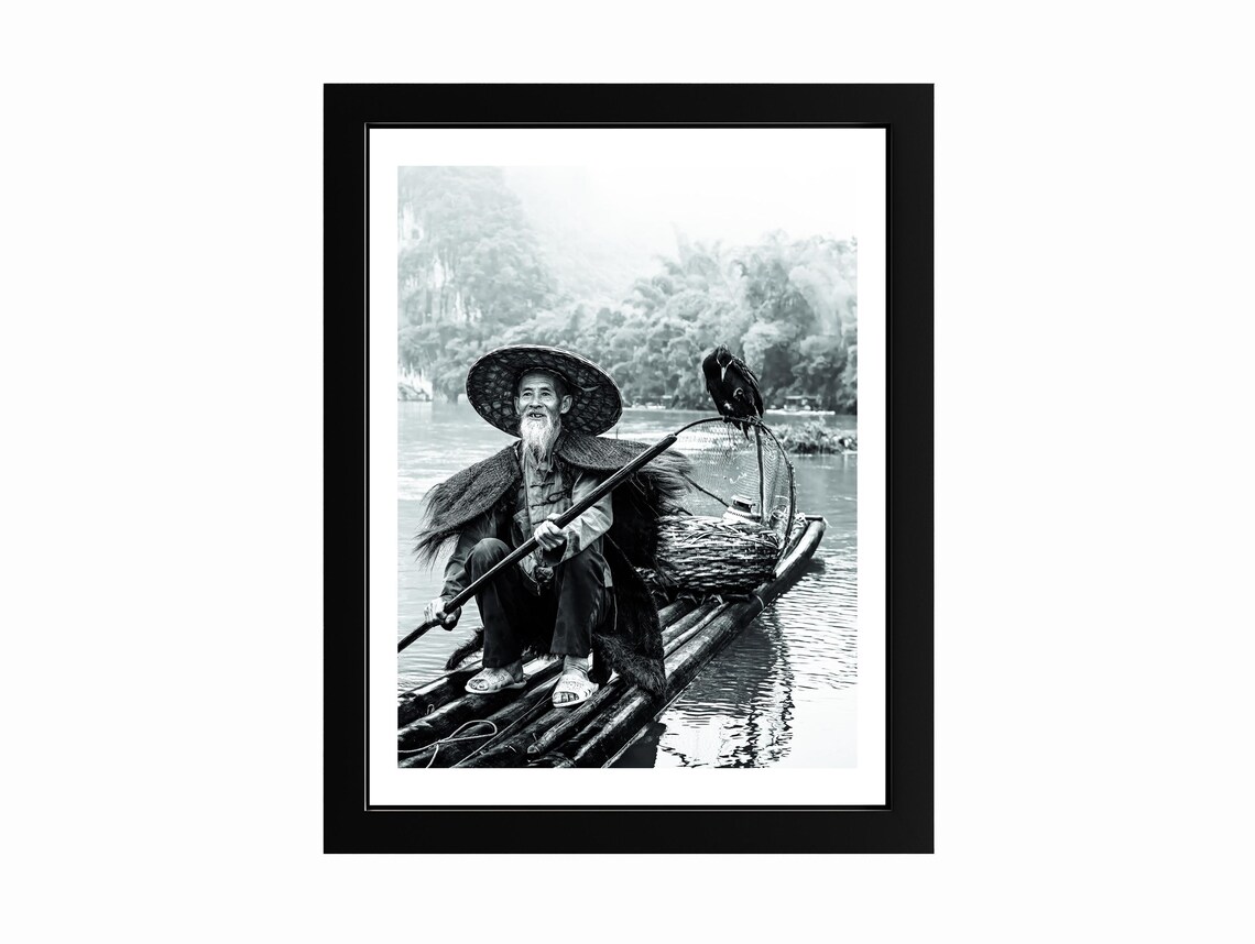 Chinese Cormorant Fisherman Bamboo Raft Black White Portrait Print