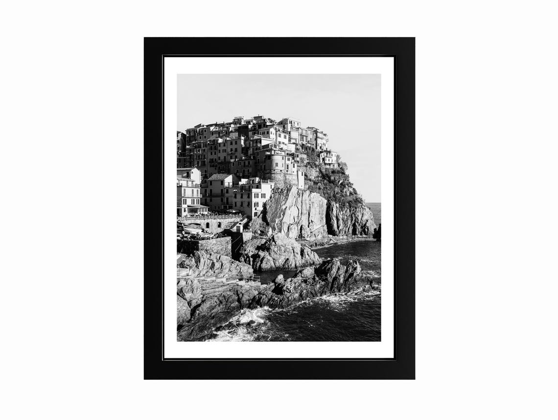 Manarola Cinque Terre Italy Cliffside Black White Photo Poster